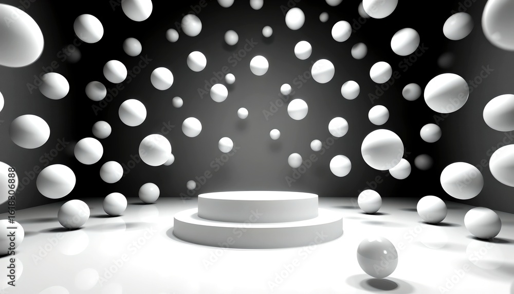 Poster abstract modern design with spherical objects floating around a cylindrical podium
