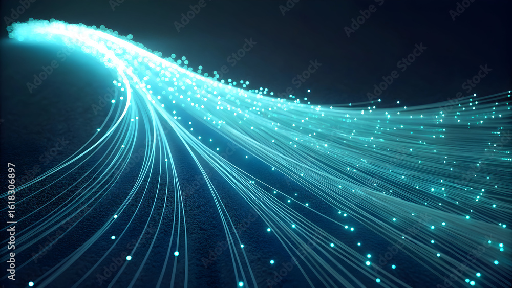 Poster glowing blue fiber optic strands converging with light particles on dark technology new latest web a