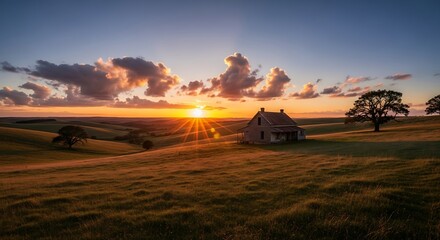 Fototapeta premium Picturesque Countryside Sunset with Old House and Rolling Hills Landscape