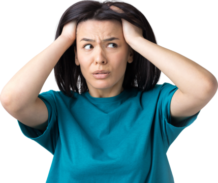 Portrait of attractive lady holding hands on head. Human face expressions and emotions.