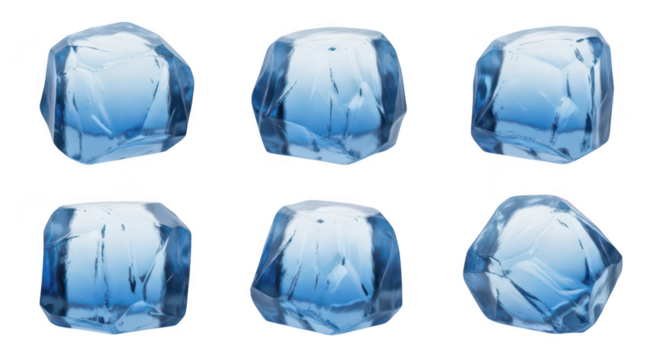 Cubes of blue ice isolated on white arranged for a refreshing drink or chilled beverage