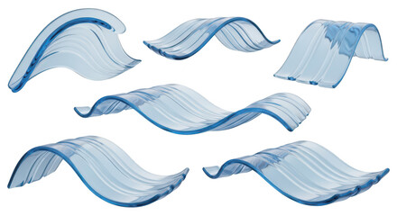 Fototapeta premium 3D renderings of transparent wavy blue glass-like shapes floating against a plain white background used for design or artistic illustration
