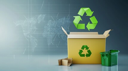 Green Recycling Concept with Cardboard Box, Recycle Symbol, and Plastic Bin on Modern Background