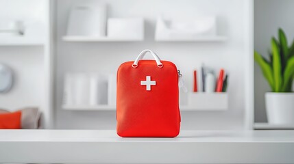 Vibrant Red First Aid Kit on a Minimalist Table with Indoor Plant and Modern Office Supplies in the Background