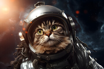 A curious tabby cat in a space suit, gazing into the cosmos.