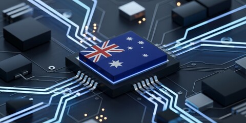 Computer processor with the flag of Australia on a circuit board symbolizing Australian technology and innovation