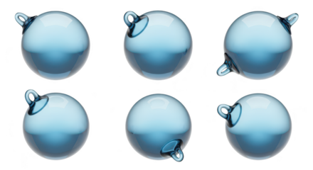 Six transparent blue spherical ornaments arranged on a white background showing different perspectives Use for festive design and abstract concepts
