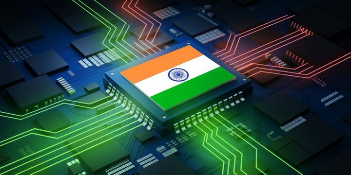 Computer processor with the flag of India on a circuit board symbolizing Indian technology and innovation