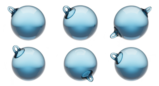 Six transparent blue spherical ornaments arranged on a white background showing different perspectives Use for festive design and abstract concepts