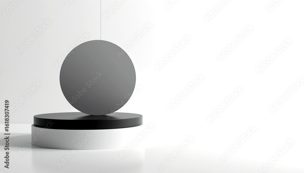 Poster an elegant minimalistic composition featuring a gray sphere suspended above two stacked platforms wi