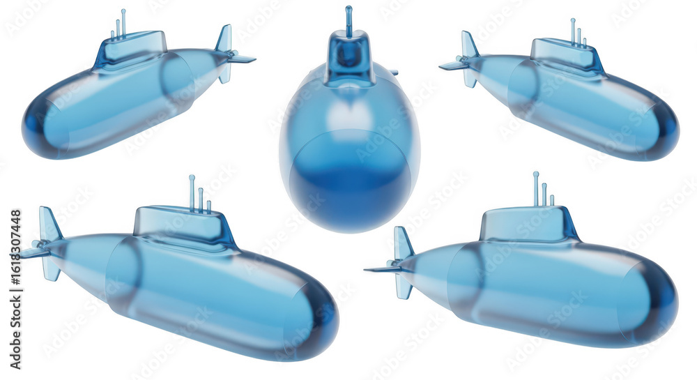 Aufkleber transparent blue submarine models displayed in multiple views against a white background ideal for n