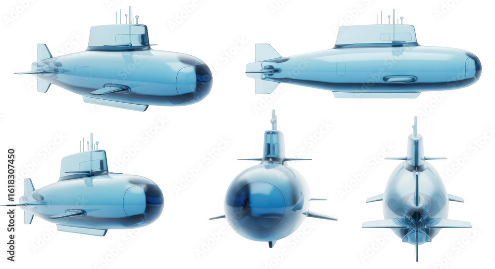 Poster transparent submarine model presented in multiple views showcasing details against a white backgroun