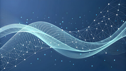 Interconnected Network of Lines and Dots Forming Waves on Blue Background technology new latest web ai background futuristic hud cyber security neural network data tech download ai background