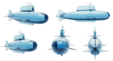 Transparent submarine model presented in multiple views showcasing details against a white background for engineering education or design purposes