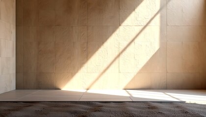 an interior space illuminated by sunlight, with textured walls and a floor, creating shadows and light play