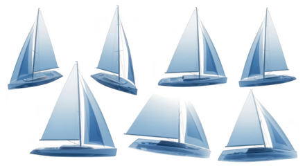 Blue sailboats in multiple angles isolated on white suitable for nautical designs or illustrating movement