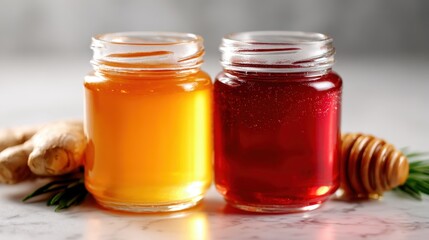 Two clear jars filled with golden honey and deep red ginger extract, beautifully arranged with fresh ginger root, evoking a sense of health, wellness, and natural essence.