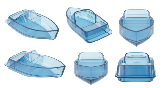 Blue transparent toy boat models in multiple angles on a plain white backdrop used for architectural or design visualizations
