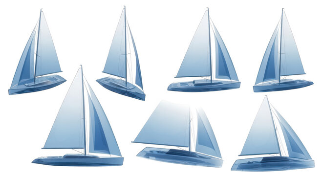 Blue sailboats in multiple angles isolated on white suitable for nautical designs or illustrating movement