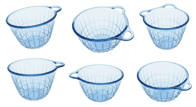 Six transparent blue colanders isolated on white showing varied angled perspectives for food preparation and culinary use