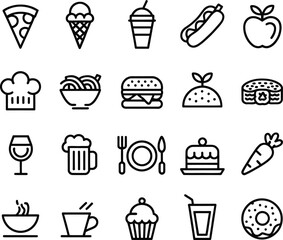 Bold Black Line Icons: Diverse Food and Drink Menu Graphics Set.