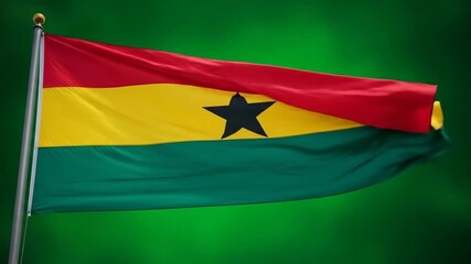 Vibrant Ghana Flag on Display - The video showcases the national flag of Ghana, featuring horizontal stripes of red, yellow, and green with a central black star. - Powered by Adobe