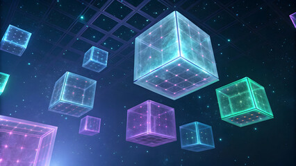 Transparent Luminous Cubes Floating in a Digital Space image photo technology background new latest web ai background futuristic hud cyber security neural network data tech download ai background