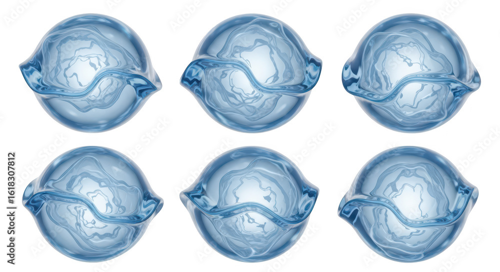 Poster six transparent water orbs dynamically shaped isolated on white background could be used to illustra