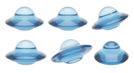 Blue glass UFOs in various positions on a white background representing space or extraterrestrial concepts
