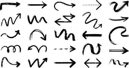 Collection of Hand-Drawn Black Ink Arrows:  Grunge, Abstract, Directional Graphic Design Elements.