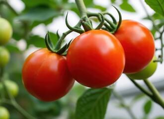 Ripe red tomatoes growing on a vine in a garden