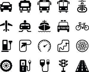 Collection of Modern Transportation Icons:  Simple, Bold Black Glyphs on White Background.