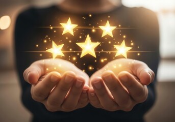 Hands holding glowing stars representing excellent customer service and positive feedback