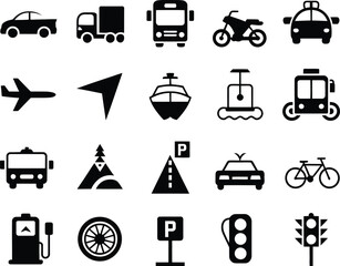 Simple Black and White Transportation Icons:  Vehicle, Road, and Travel Symbols.