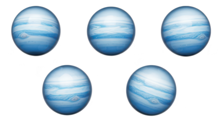 Five blue planet spheres isolated on white representing celestial bodies suitable for educational or scientific materials