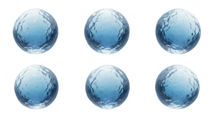 Six isolated water spheres against a white backdrop representing concepts like freshness or purity often used in graphic design
