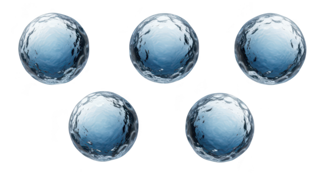 Five water spheres on a white background showing texture & reflection possibly for illustrating water-related topics or concepts