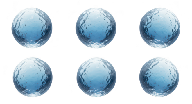 Six isolated water spheres against a white backdrop representing concepts like freshness or purity often used in graphic design
