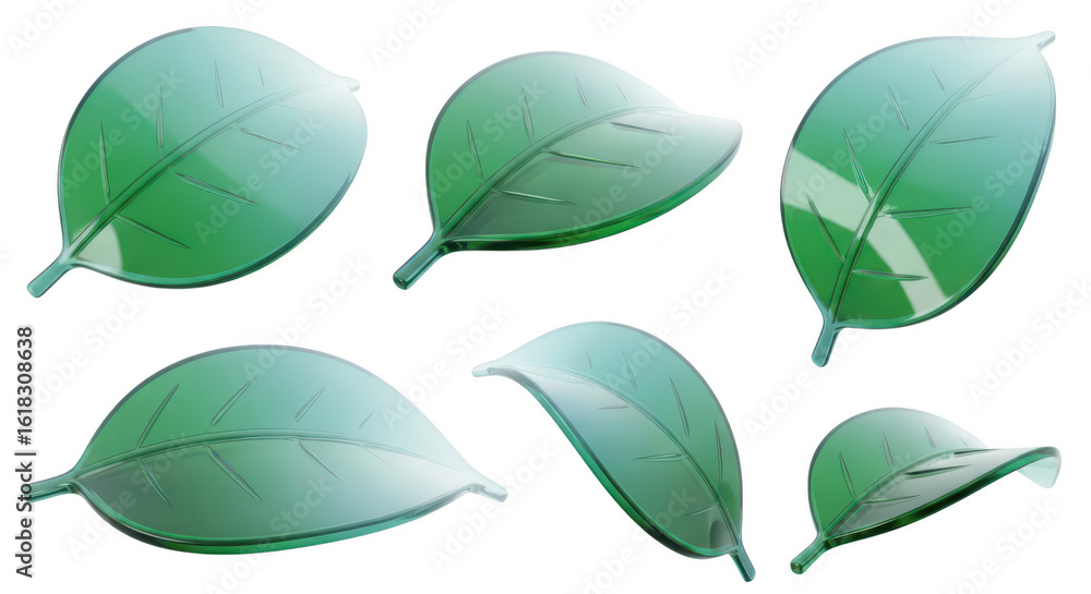 Poster green glossy leaves levitating multiple views isolated on white background showcasing nature for des