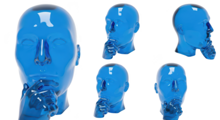Transparent blue head figurine pondering hand to chin on white background illustrating thought/idea generation for concept art
