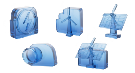 Transparent blue 3D energy icons representing power wind and solar on a white backdrop for renewable energy concept