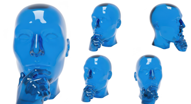 Transparent blue head figurine pondering hand to chin on white background illustrating thought/idea generation for concept art