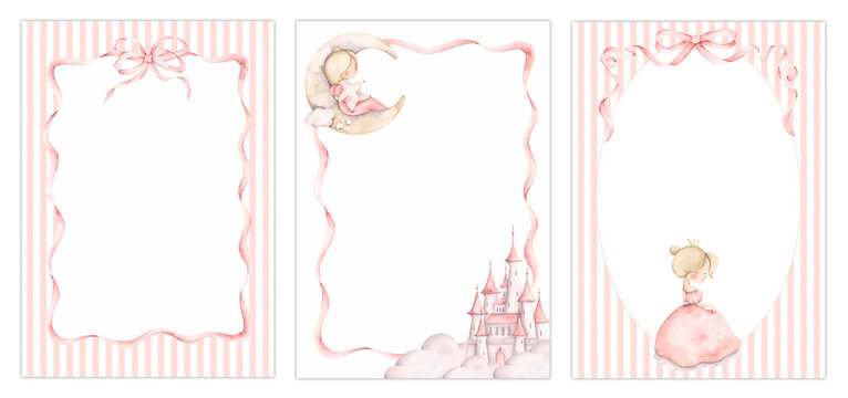 Pink dreams. Watercolor hand-drawn clip art with frames. For little princess with pink striped, fairy castle, princess, ribbons and bow. Template card for design girls's parties and nursery.