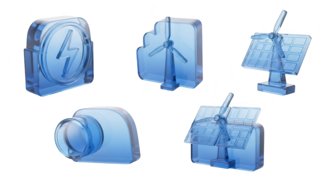 Transparent blue 3D energy icons representing power wind and solar on a white backdrop for renewable energy concept