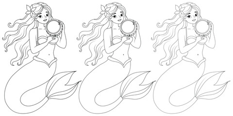 Three Beautiful Mermaid Coloring Pages - Fantasy Ocean Princess with Flowing Hair and Mirror in Black and White Line Art