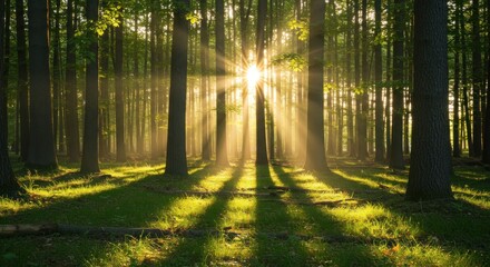 Obraz premium Sunbeams pierce a misty deciduous forest at dawn, illuminating the verdant undergrowth and casting long shadows from the numerous tree trunks. The scene evokes serenity and natural beauty