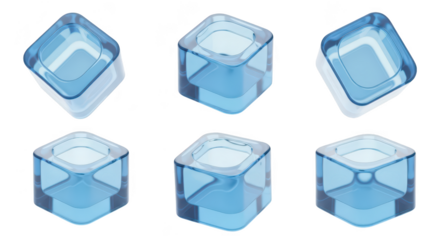 Blue glass candle holders in various perspectives against a white backdrop showcasing product design for interior d?cor