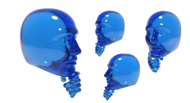 Transparent blue human heads with lightbulb base floating on white with shadow suggesting ideas & concepts