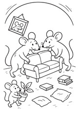 Three cute mice decorating and moving furniture inside their cozy home in a fun coloring page for kids