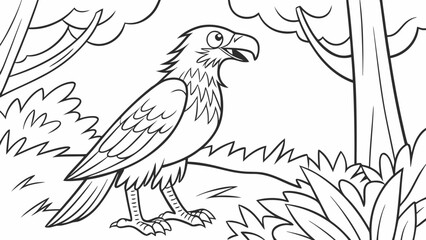 Obraz premium Vector Cartoon funny Microraptor, funny image in the forest, Coloring book page for children. Line Art isolated on white background